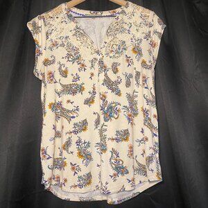 Daniel Rainn Torres Split Neck Knit Top Womens L Cream Paisley Embroidery EUC